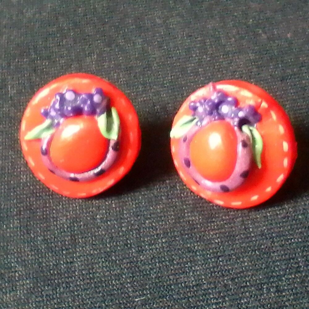 RED HAT SOCIETY EARRINGS VINTAGE PURPLE FLOWERS ORANGE ENAMEL POST COSTUME JEWEL